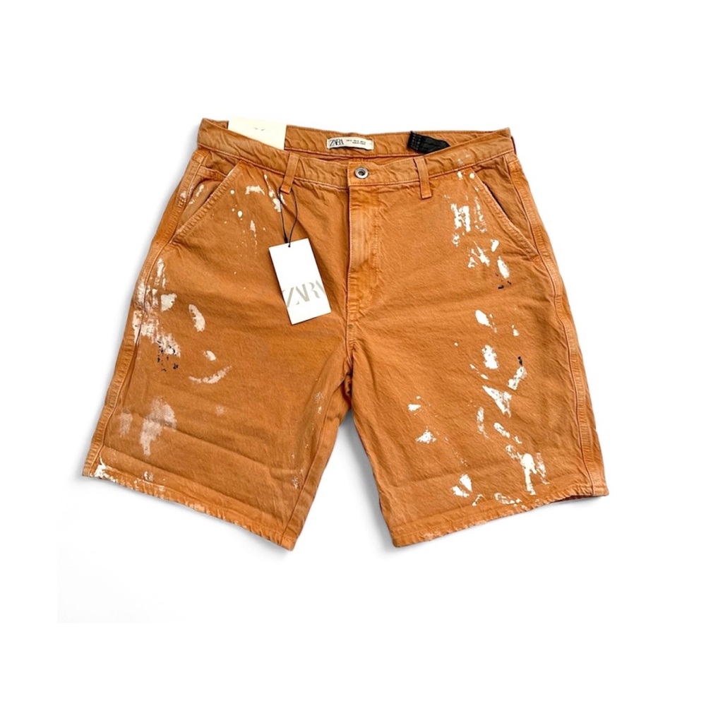 ★ NWT Zara Man Splattered Denim Slim Shorts - Pastel Orange ★